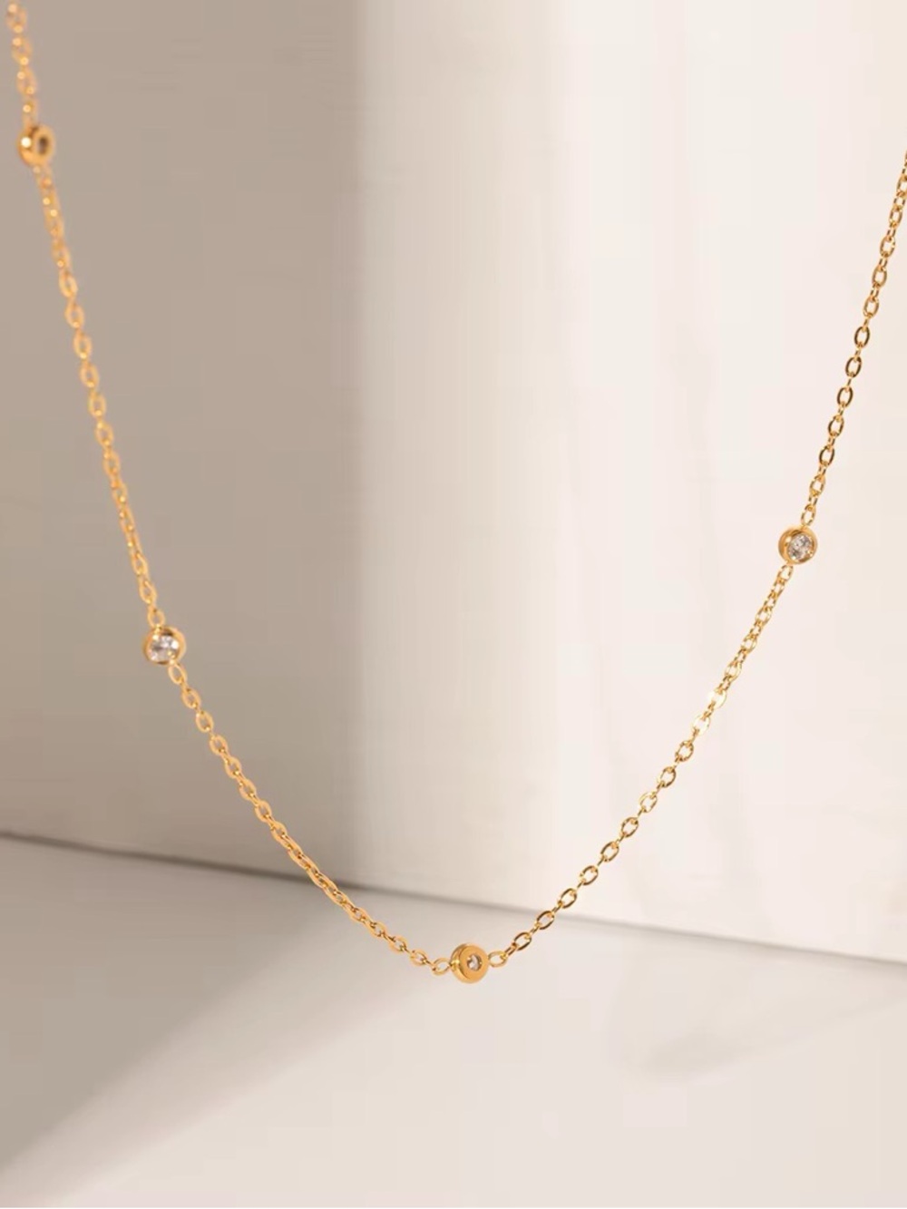 18K Gold Plated Minimalist Bezel Cubic Zirconia Station Necklace - Picture 4 of 8
